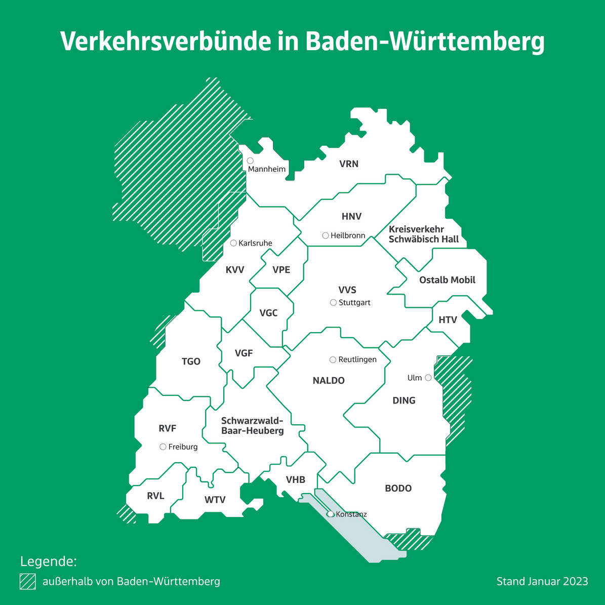 Karte von Baden-Württemberg mit den Grenzen der 19 Verkehrsverbünde.