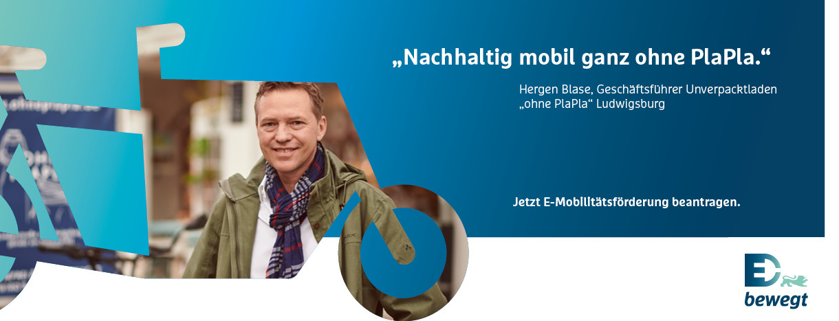 Testimonial mit Zitat: 'Nachhaltig mobil ganz ohne PlaPla.', Hergen Blase, Geschäftsführer Unverpacktladen "ohne PlaPla", Ludwigsburg