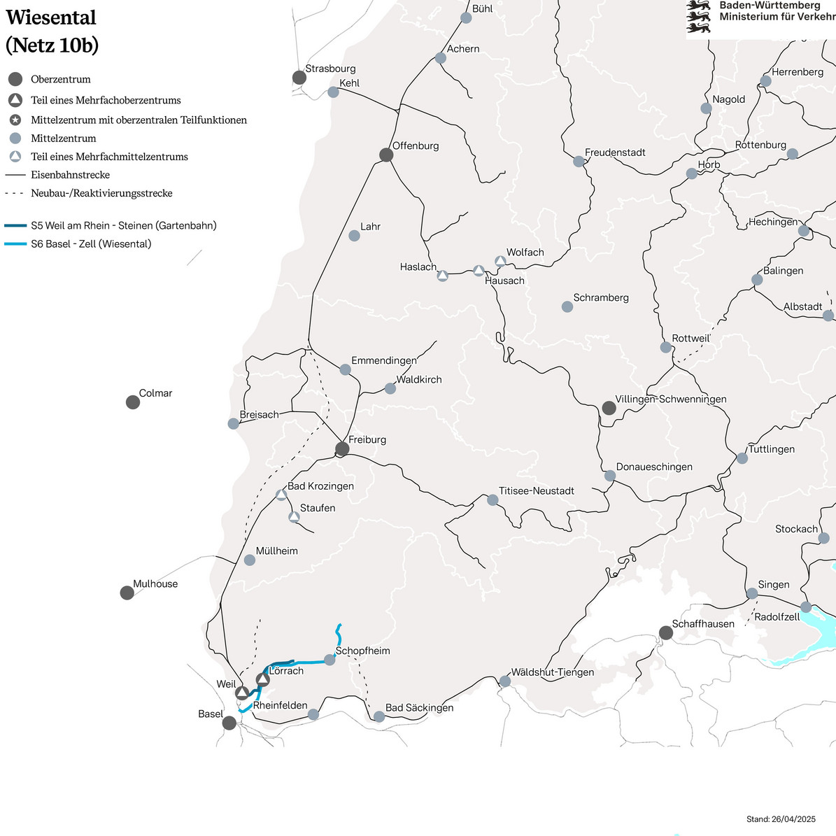 Karte des Netzes 10b: Wiesental. Eingezeichnet sind die Linien S5 Wheil am Rhein - Steinen (Gartenbahn) und die Linie S6 Basel - Zell (Wiesental). 