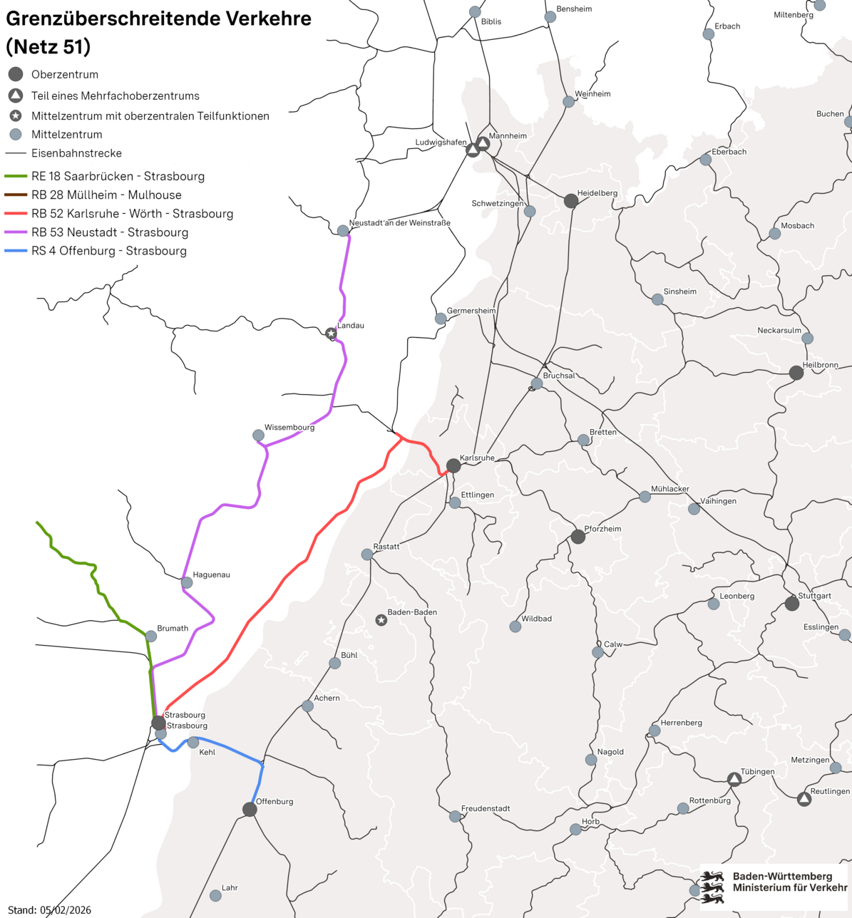 Baden-Württemberg Karte mit Bahnlinien des Netzes 51 in Richtung Strasbourg, Offenburg, Karlsruhe und Mulhouse.
