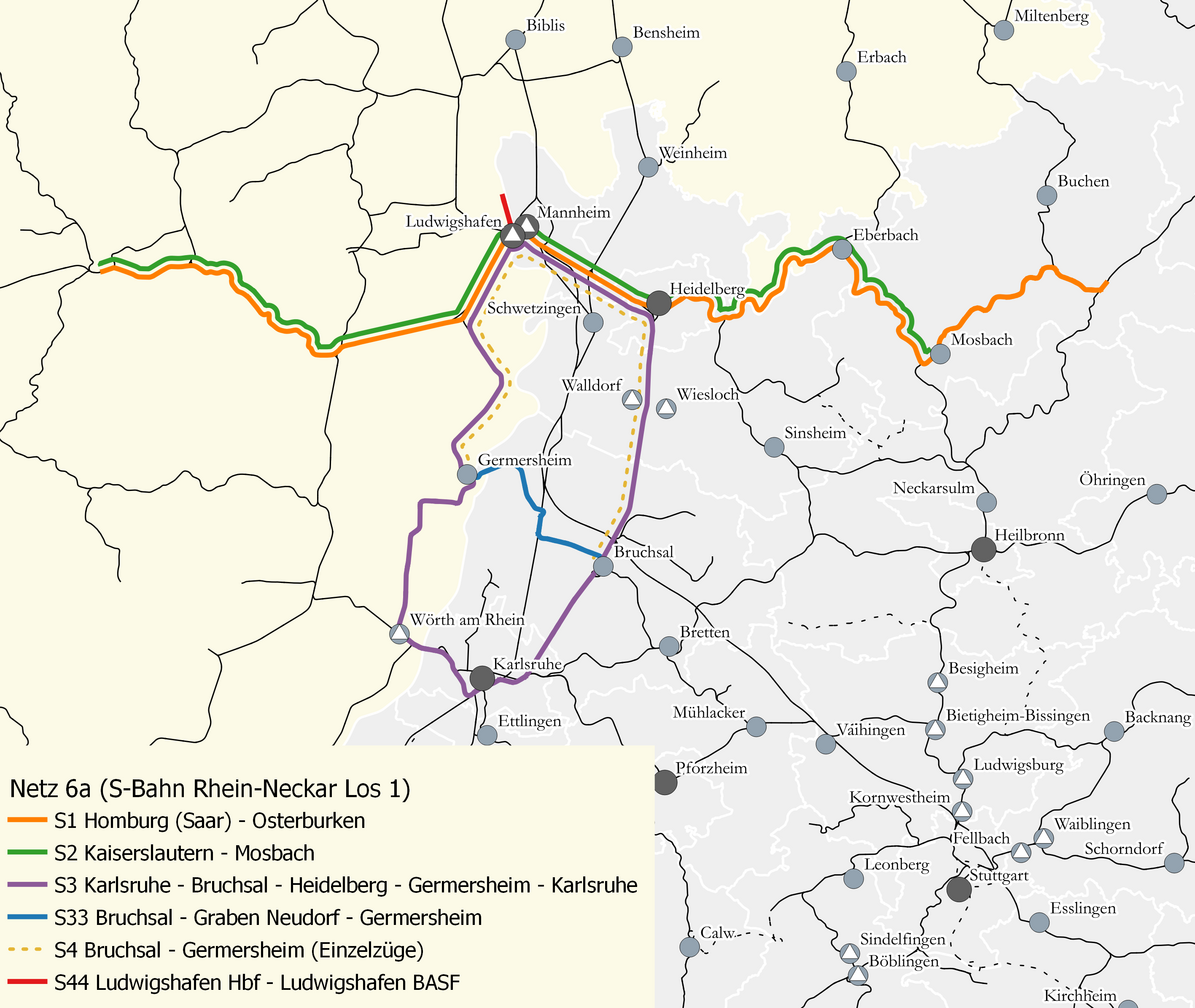 Netzkarte des Netz 6a, welches die Linien 1 bis 4 der S-Bahn Rhein-Neckar umfasst. Die Linien sind auf der Netzkarte grafisch dargestellt.