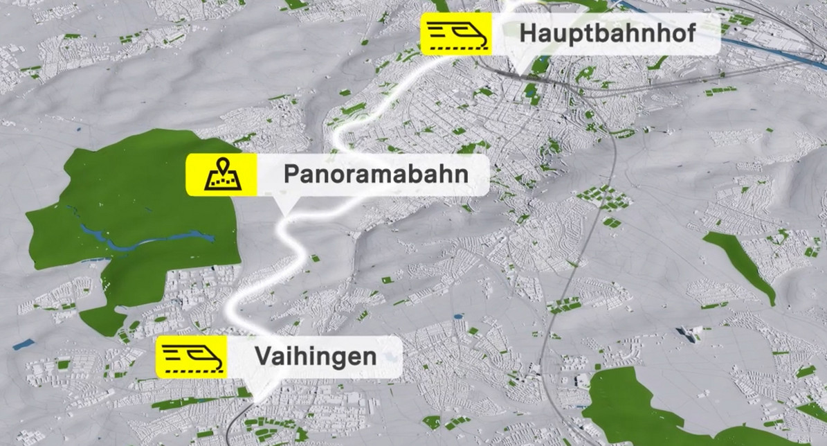Karte mit Streckenverlauf der Panoramabahn-Strecke von Stuttgart Hauptbahnhof endlang der Hänge Richtung Stuttgart-Vaihingen.