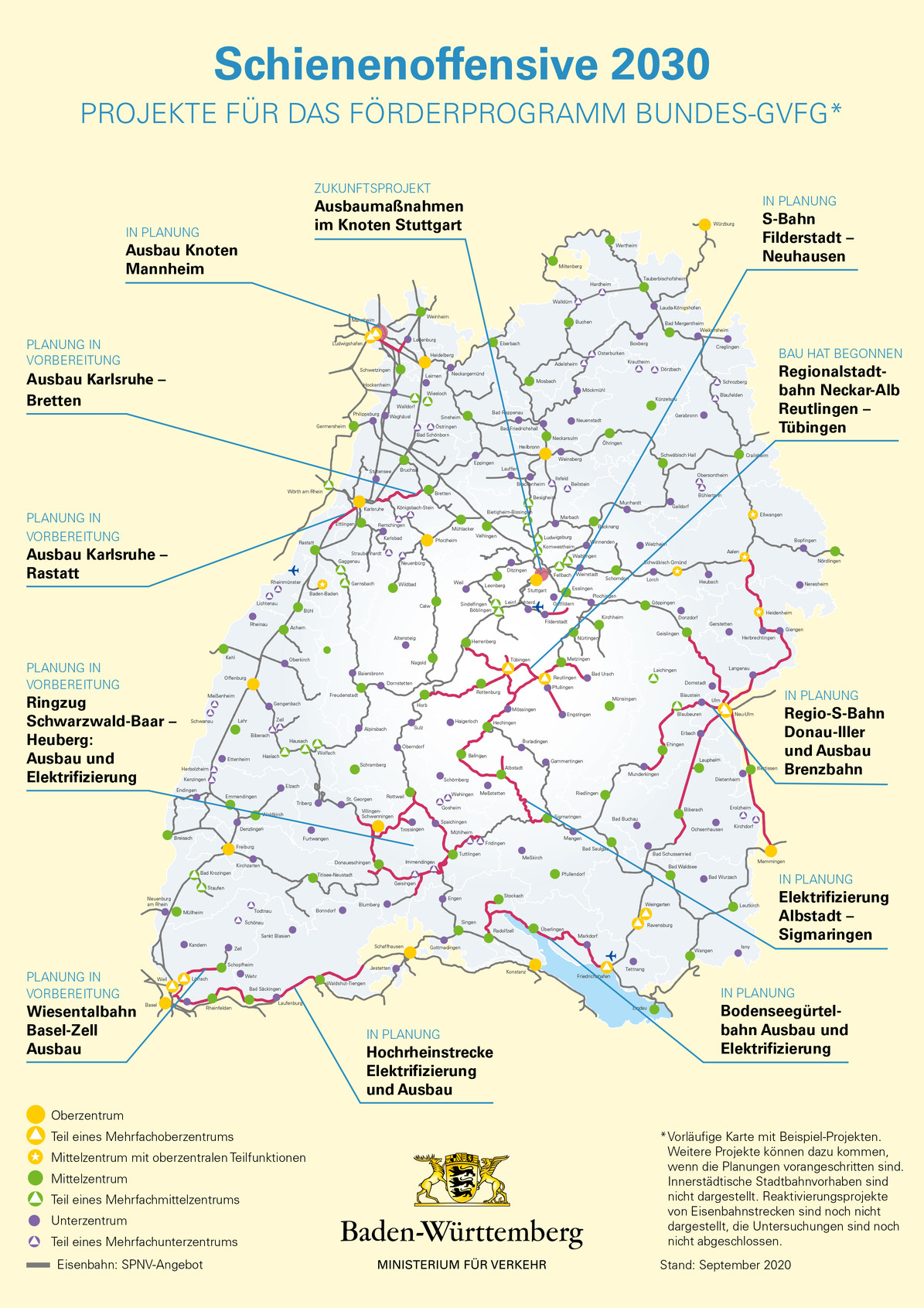 Karte von Baden-Württemberg mit Schienenverbindungen, die durch das Förderprogramm des Bundes (GVFG) gefödert werden 