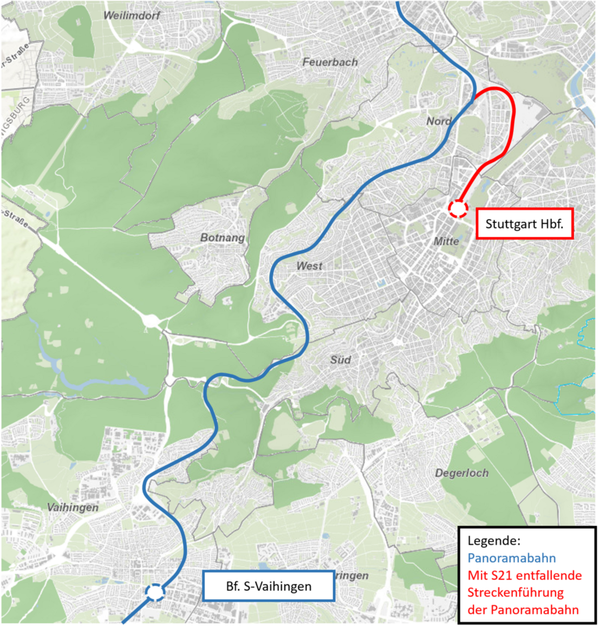 Streckenführung der Panoramabahn von Stuttgart-Vaihingen, hervorgehoben ist der Abschnitt, der mit Stuttgart 21 entfällt