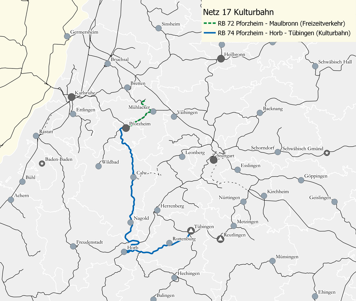 Karte des Netzes 17: Nordschwarzwald. Eingezeichnet sind die Linien RB 74 Pforzheim – Horb – Tübingen und RB 72 Pforzheim – Maulbronn Stadt. 