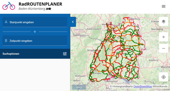 Screenshot einer Internetseite mit einer Karte mit Radwegen in Baden-Württemberg.
