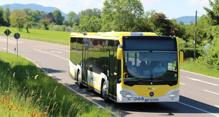 Bwegt Bus im Landesdesign auf einer Straße.