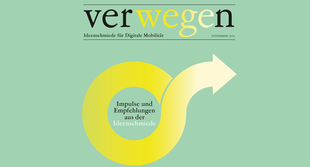 Logo der Ideenschmiede für digitale Mobilität „verWEGEn“ Gelber Kreis mit einem herausführenden Pfeil.