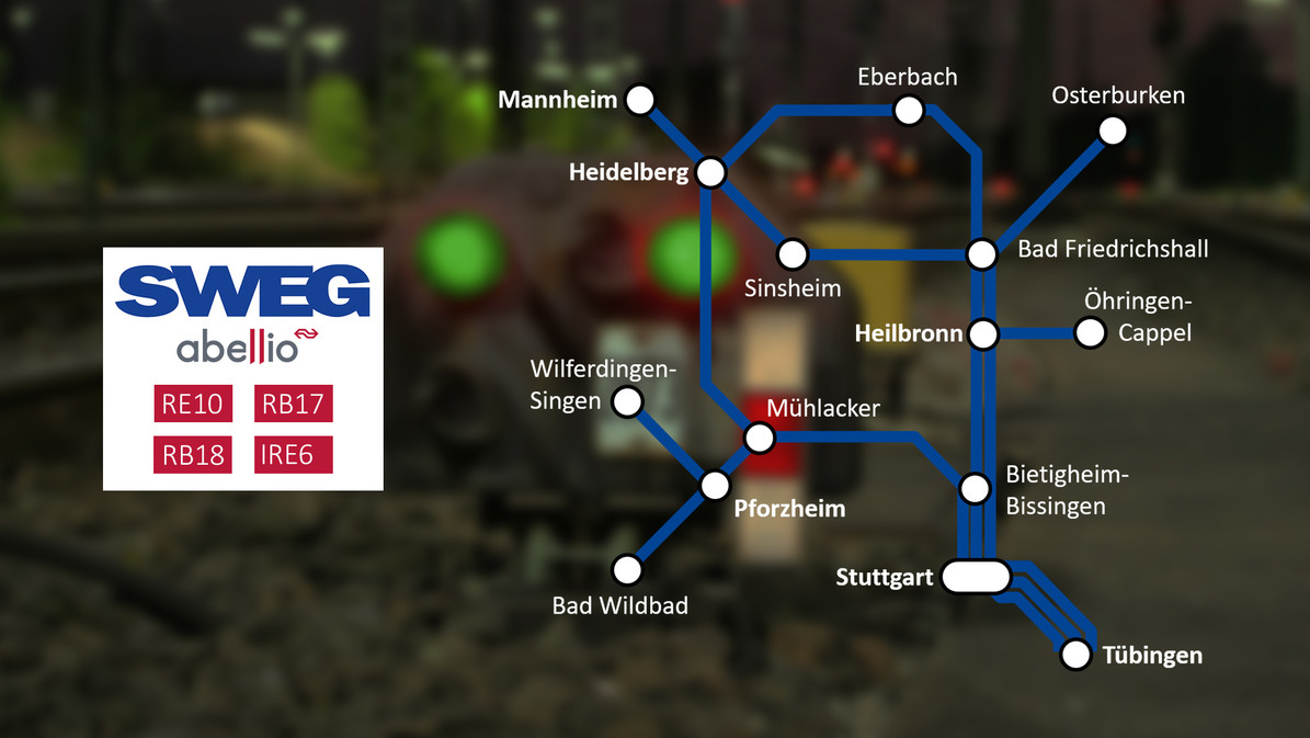 Streckennetz von Abellio in Baden-Württemberg. Abellio fährt unteranderem Stuttgart, Tübingen, Pforzheim und Mannheim an.