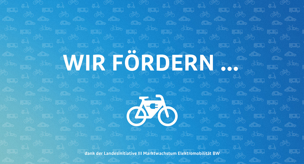 Blauer Hintergrund mit Symbol eines E-Bikes. Darüber der Titel: "Wir fördern..."