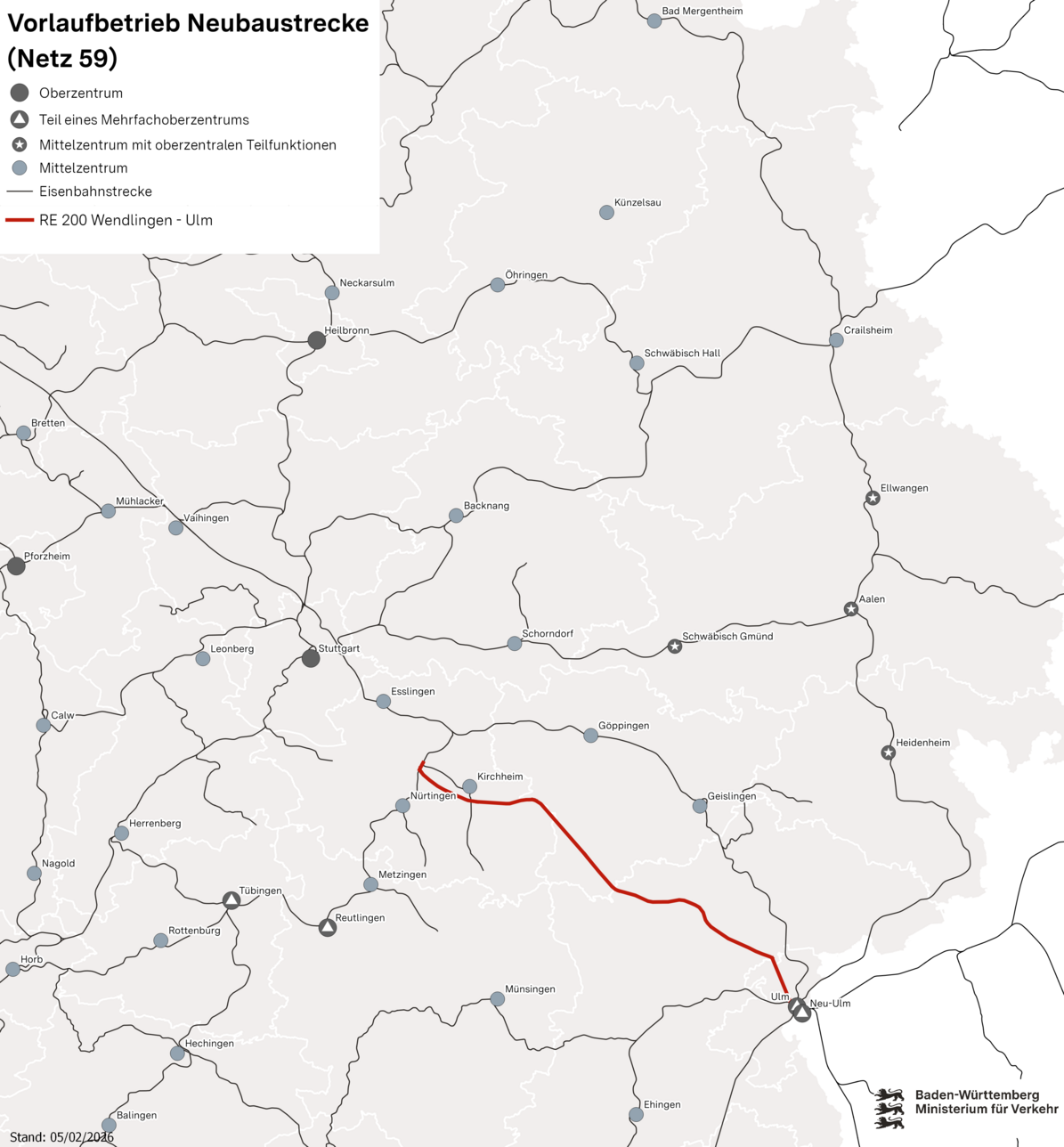 Karte des Netzes 59: Vorlaufbetrieb Neubaustrecke. Eingezeichnet ist die Verbindung IRE 200 Wendlingen – Ulm.