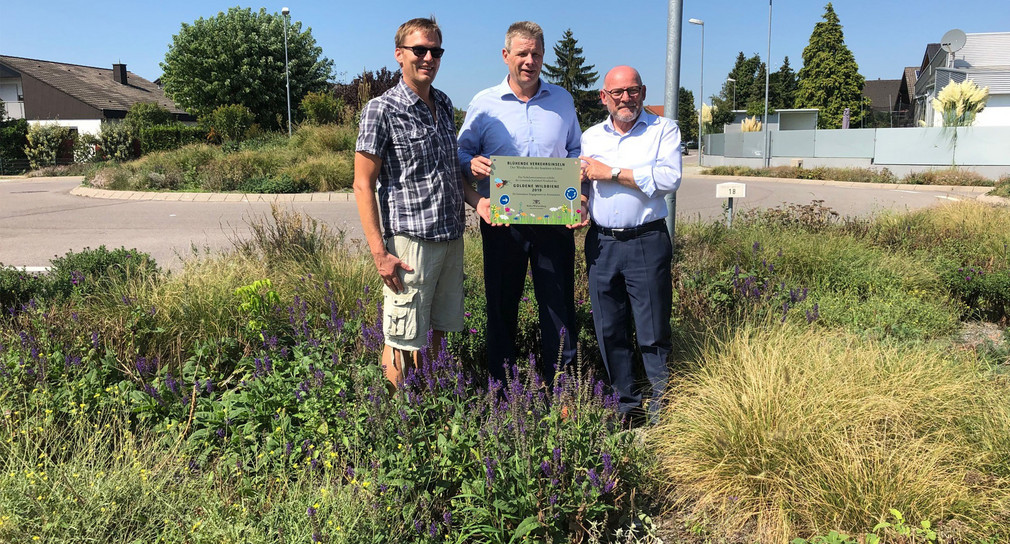 Minister Hermann übergibt die Auszeichnung "Goldene Wildbiene" an den stellvertretenden Bürgermeister der Gemeinde Karlsdorf-Neuthardt, Uwe Zweigner  Bild: VM BW