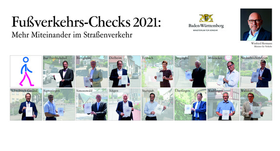 16 Personen sind mit einem Porträtfoto unter der Überschrift Fußverkehrs-Checks 2021 abgebildet und halten jeweils eine Urkunde in die Kamera