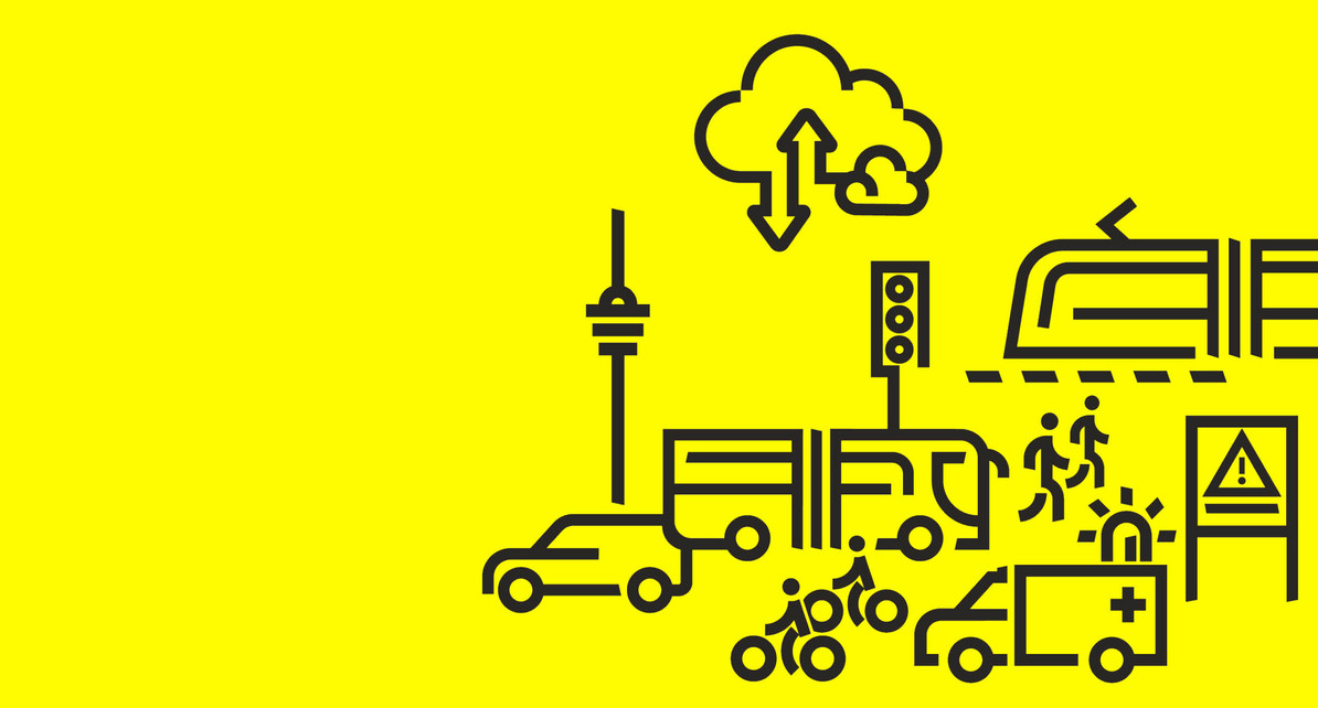 Verschiedene Icons illustrieren eine Stadtszene. Es fahren Autos, Fahrr&auml;der, Busse und Bahnen.