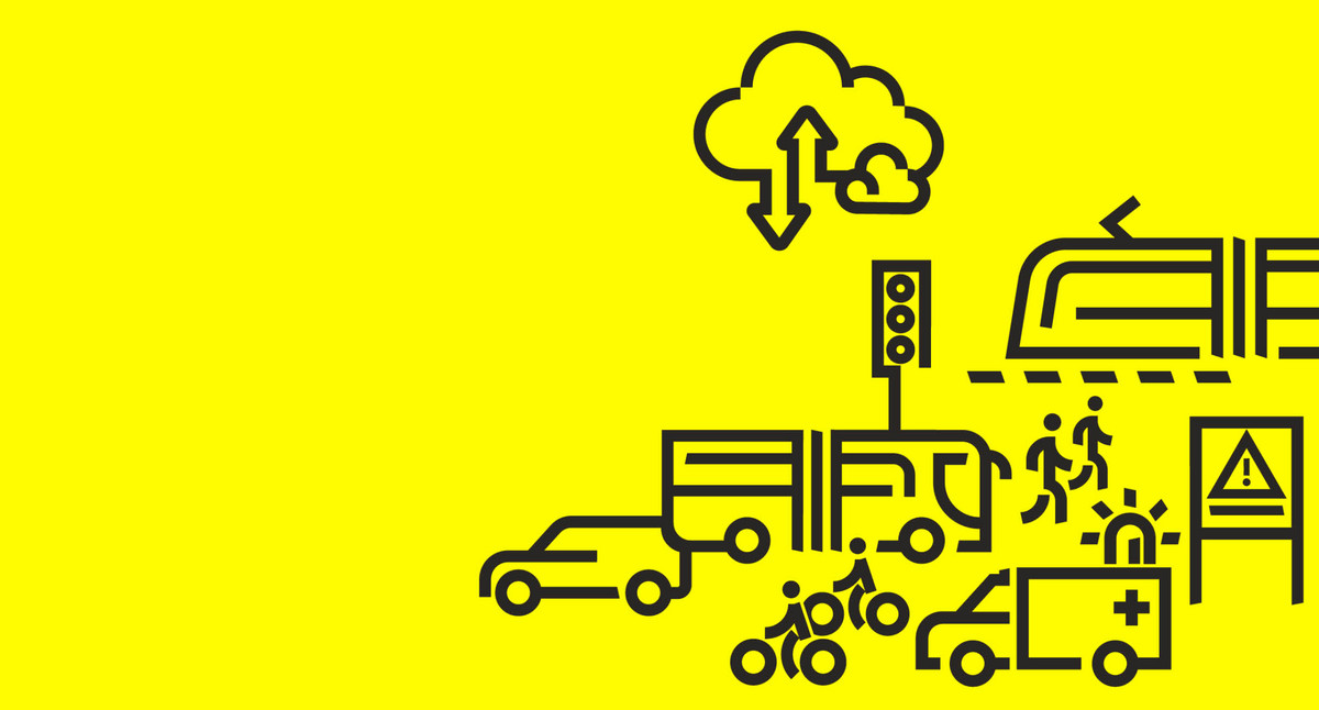Illustration. Verkehrsmittel wie Autos, Straßenbahn, Bus und Ampeln senden Daten in eine Cloud.