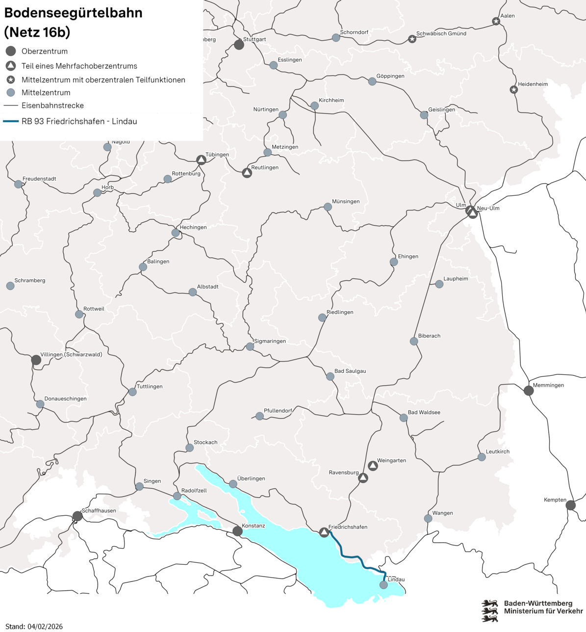 Karte des Netzes 16b: Bodenseegürtelbahn. Eingezeichnet ist die Linie RB 93 Friedrichshafen - Lindau.