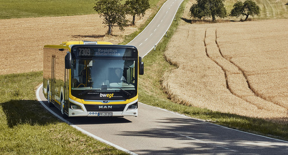 Ein Bus unterwegs auf einer Landstraße.