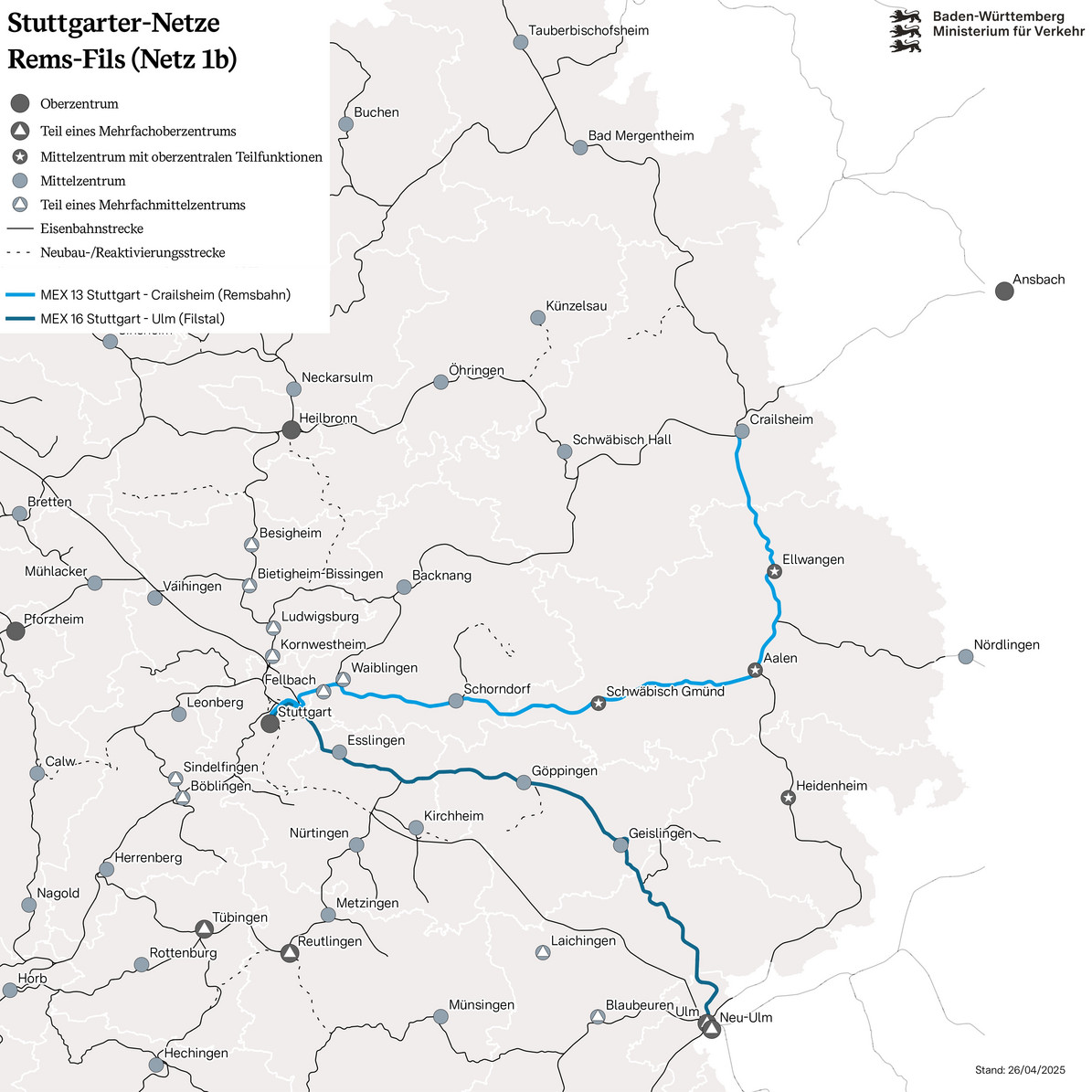 Baden-Württemberg Karte mit Bahnlinien des Stuttgart netzes Rems-Filz in Richtung Stuttgart, Ulm und Crailsheim.
