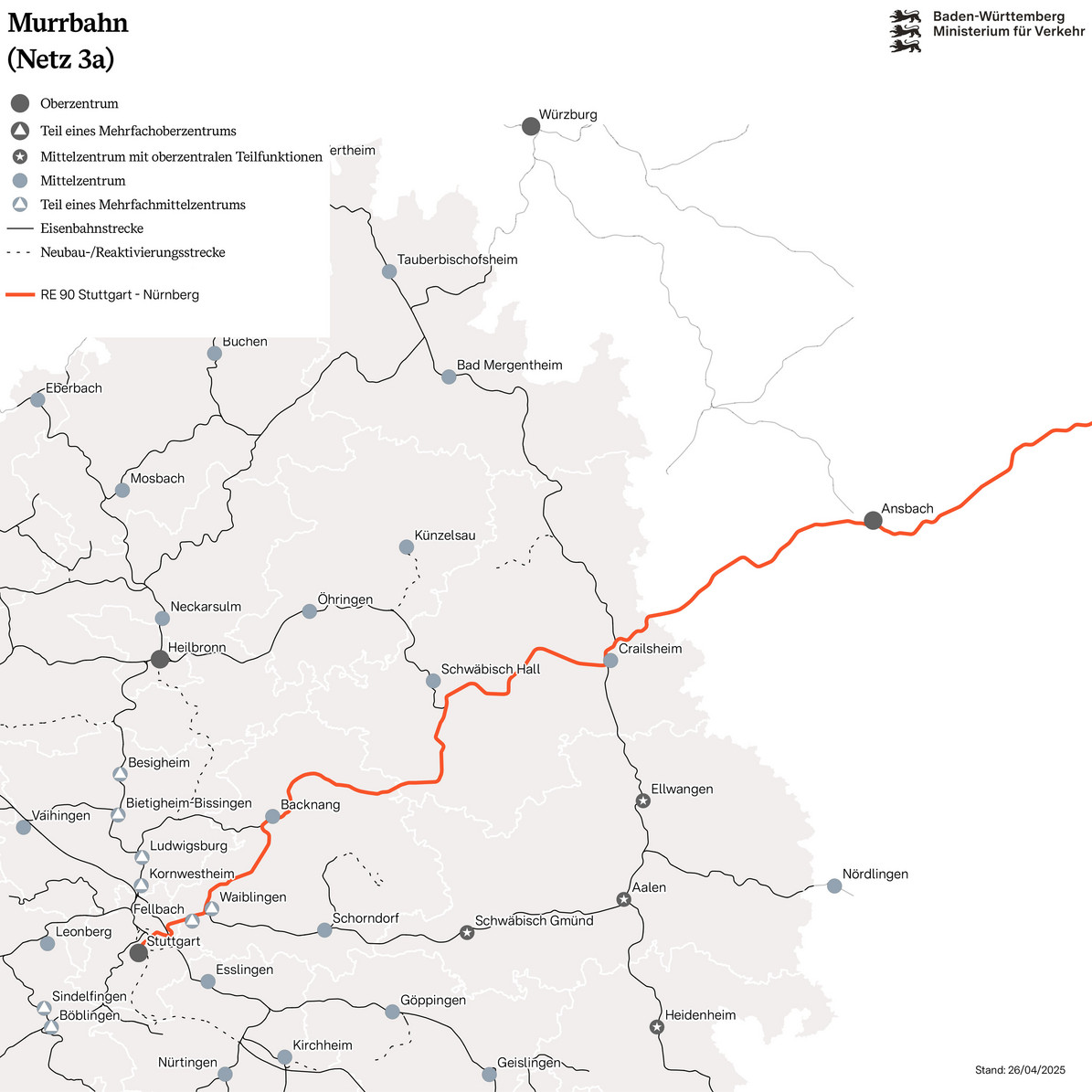 Karte des Netz 3a: Murrbahn. Verbindung des RE90 von Stuttgart nach Nürnberg eingezeichnet.