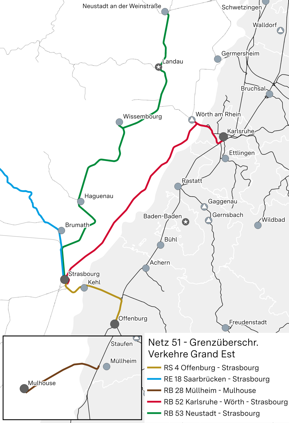 Baden-Württemberg Karte mit Bahnlinien des Netzes 51 in Richtung Strasbourg, Offenburg, Karlsruhe und Mulhouse.