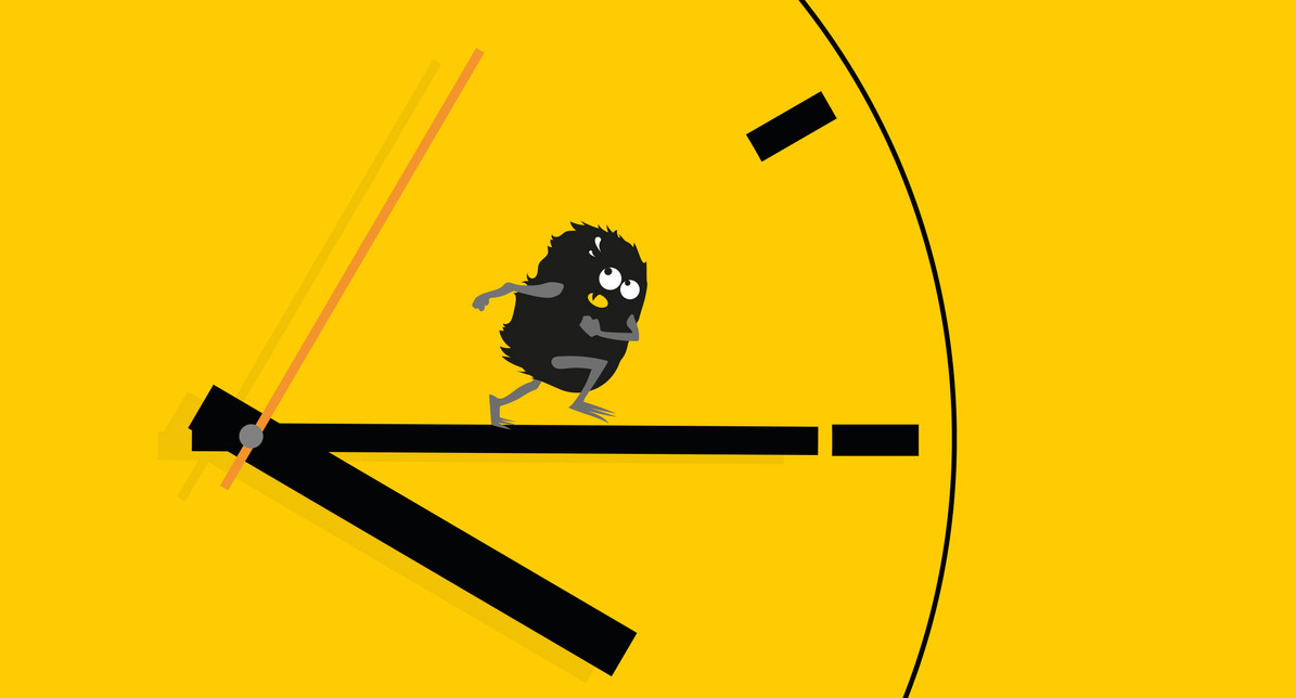 Illustration: Das Landstraßen-Monster rennt über den Minutenzeiger einer großen Uhr.