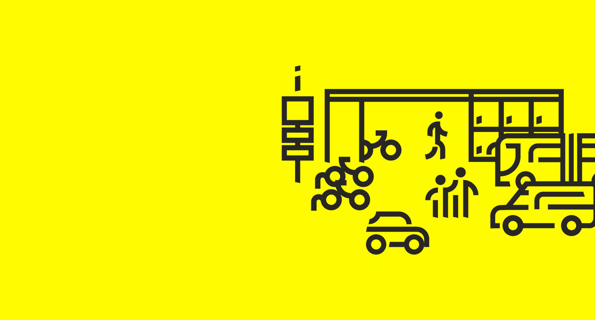 Illustration verschiedener Verkehrsmittel wie Rad, Bus und Auto, die um eine Haltestelle gruppiert sind.