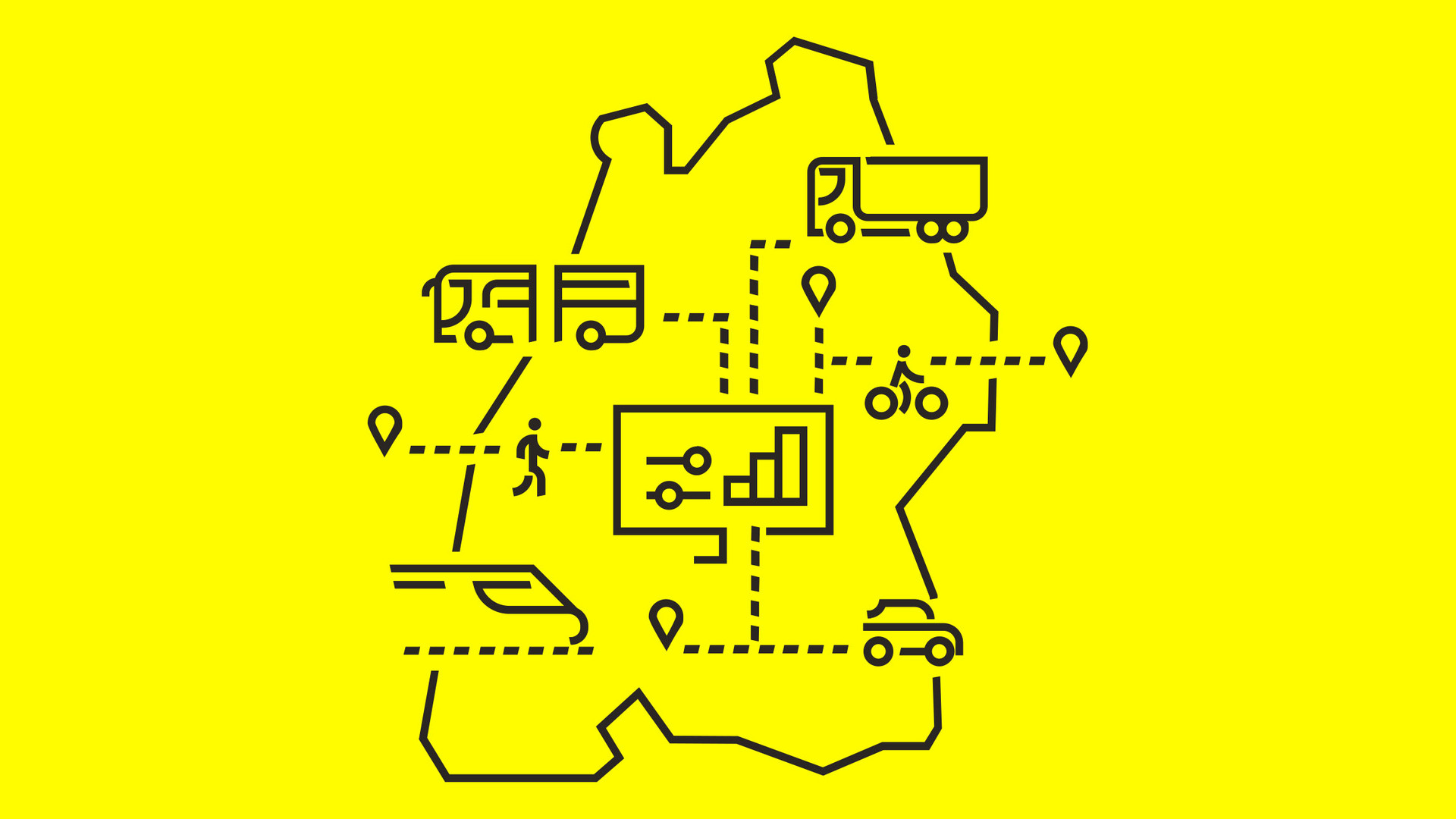 Verschiedene Mobilitätsicons von Bus über Auto bis Bahn liegen auf einer Baden-Württemberg-Karte.