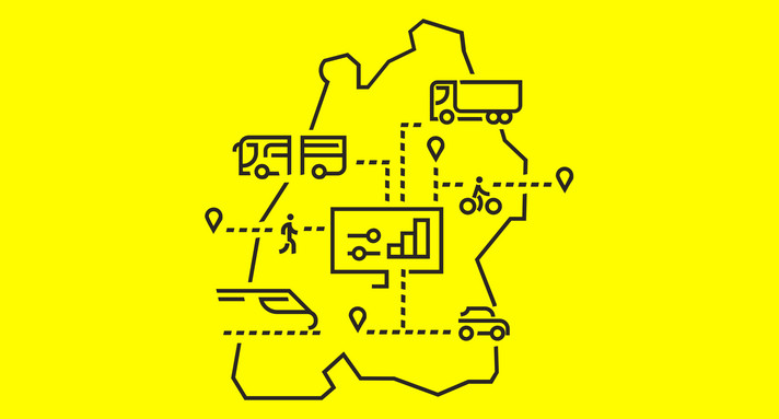 Anmeldung Vorstellung des Landesverkehrsmodells Baden-Württemberg Verschiedene Mobilitätsicons von Bus über Auto bis Bahn liegen auf einer Baden-Württemberg-Karte.