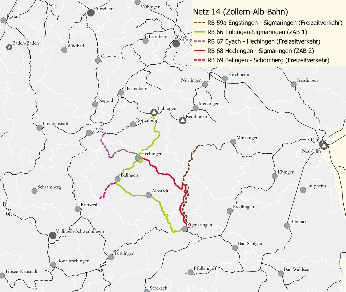 Karte des Netzes 14: Zollernalbbahn I und II. Eingezeichnet sind die Linien, RB 59a Engstingen – Sigmaringen, RB 66 Tübingen – Sigmaringen (ZAB 1), RB 67 Eyach – Hechingen, RB 69 Balingen – Schömberg (Freizeitverkehr), Hechingen – Sigmaringen (Freizeitverkehr), RB 68 Hechingen – Sigmaringen (ZAB 2).