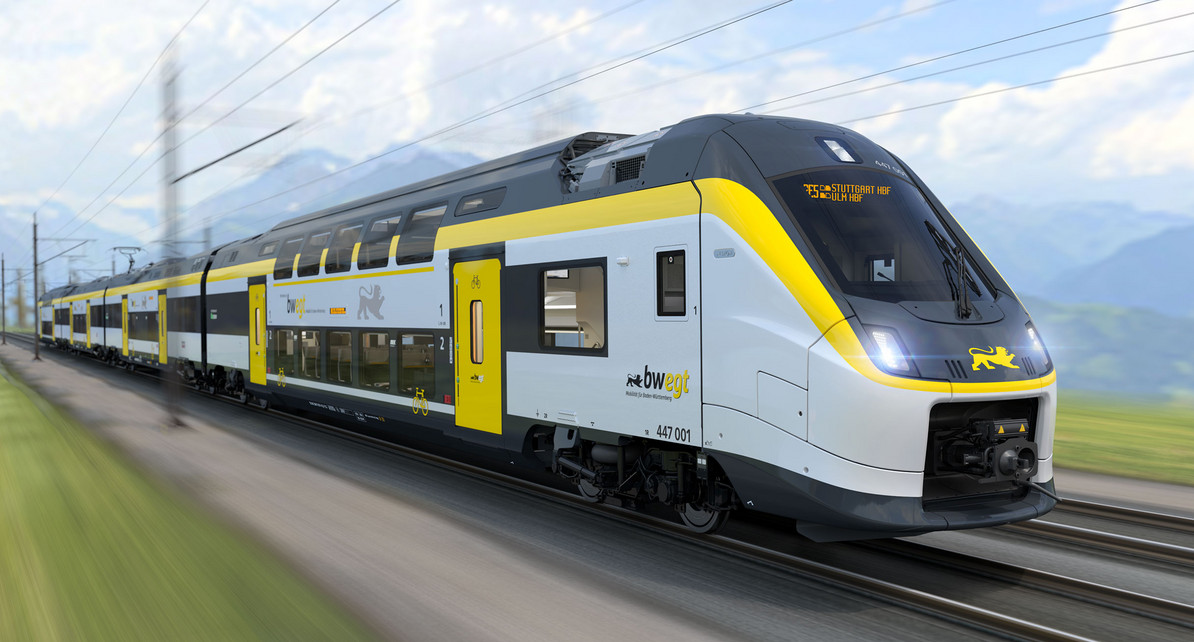 Computeranimation eines Zuges von außen. Blick auf den Kopf des Zuges.