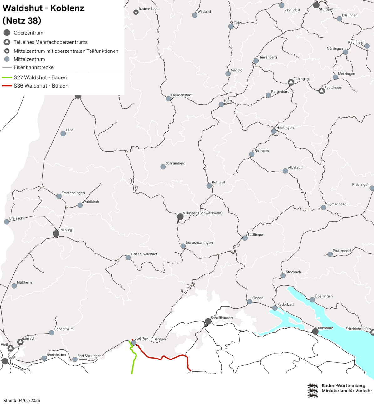 Karte von Baden-Württemberg mit Fokus auf das Grenzgebiet zur Schweiz. Bahnstrecken führen von Waldshut nach Koblenz in der Schweiz.