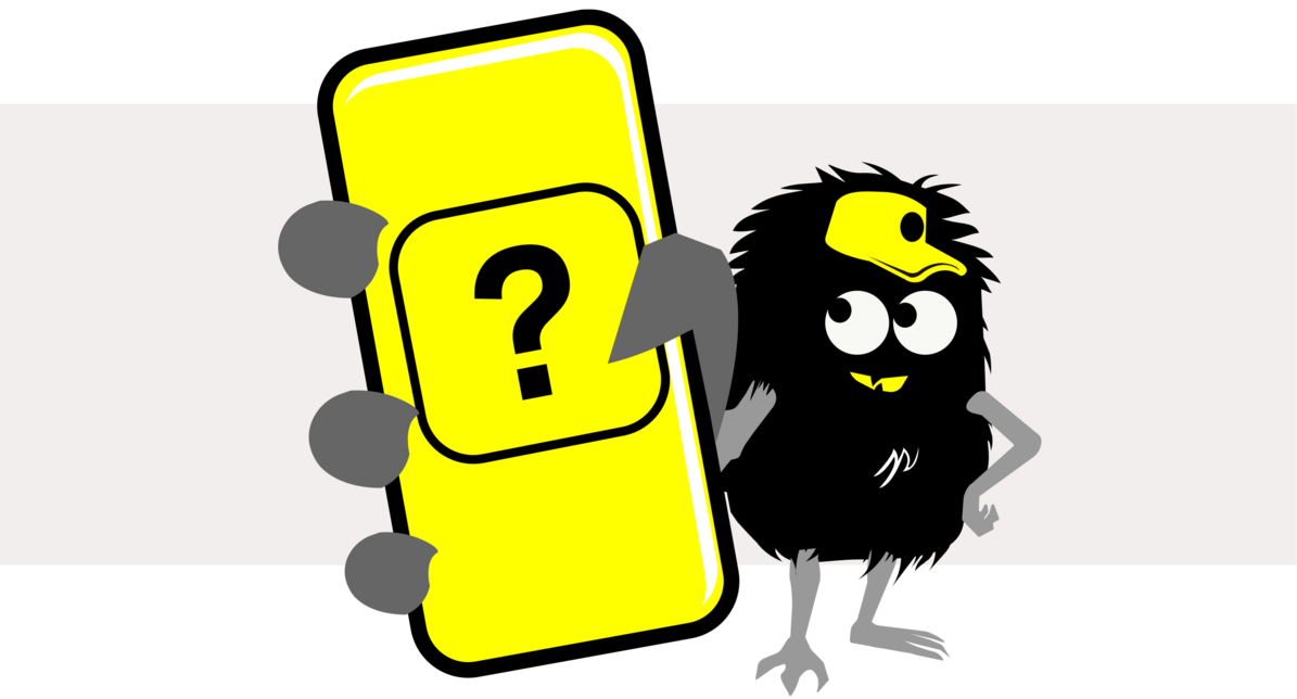 Illustration des Ablenkungsmonsters. Es streckt ein Smartphone in Richtung des Betrachters, auf dem Screen sieht man ein großes Fragezeichen.