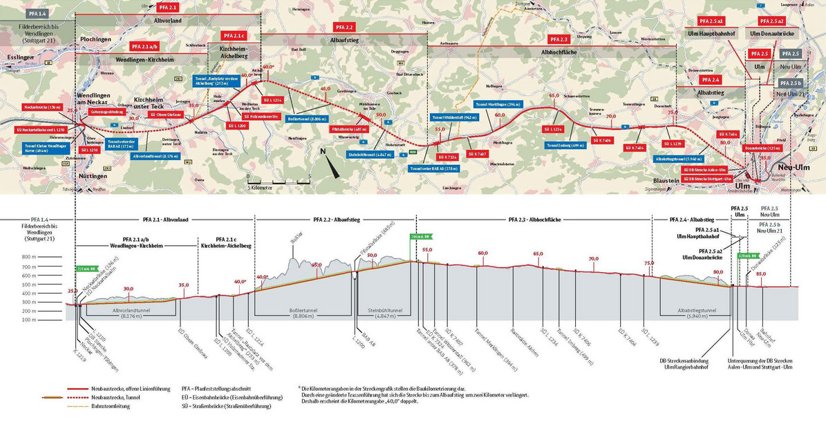 Neubaustrecke Wendlingen-Ulm, Gesamtstreckenkarte (Bild: Deutsche Bahn AG, bahnprojekt-stuttgart-ulm.de)