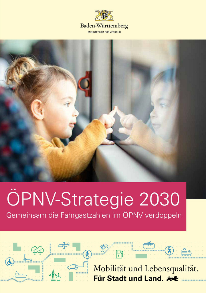 Deckblatt der Br&ouml;sch&uuml;re "&Ouml;PNV-Strategie 2030: Gemeinsam die Fahrgastzahlen verdoppen" des Verkehrsministeriums mit einem Kleinkind im Bus