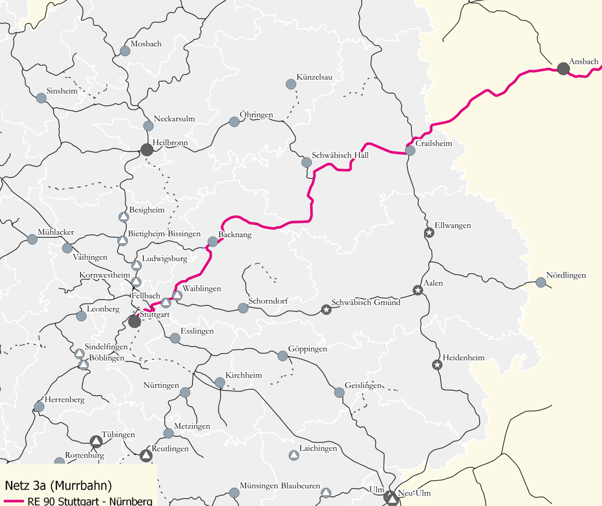 Karte des Netz 3a: Murrbahn. Verbindung des RE90 von Stuttgart nach Nürnberg eingezeichnet.