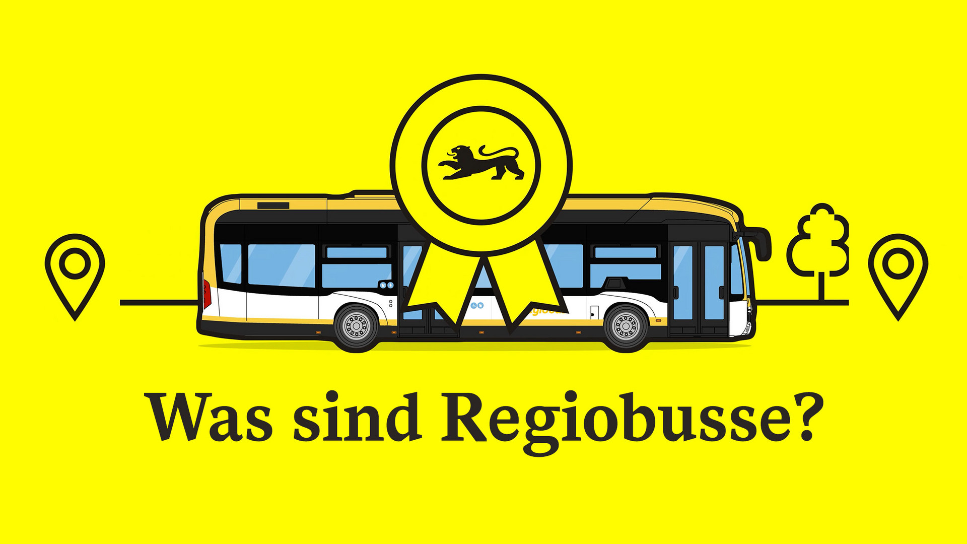Illustration eines Busses auf dem Weg zwischen zwei Orten. Frage darunter: Was sind Regiobusse?