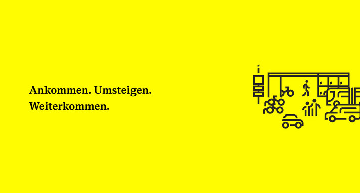 Illustration verschiedener Verkehrsmittel wie Rad, Bus und Auto, die um eine Haltestelle gruppiert sind.