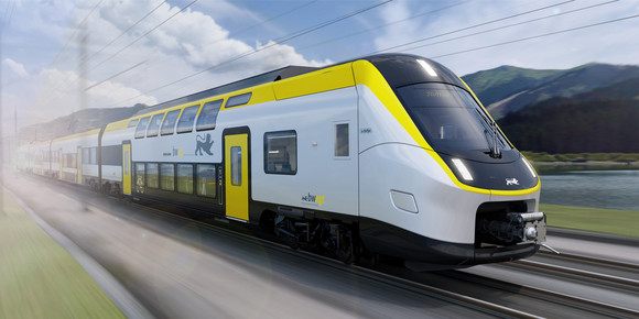 Bahn Neue Doppelstockzüge von Alstom Seitenansicht eines Doppelstockzuges.