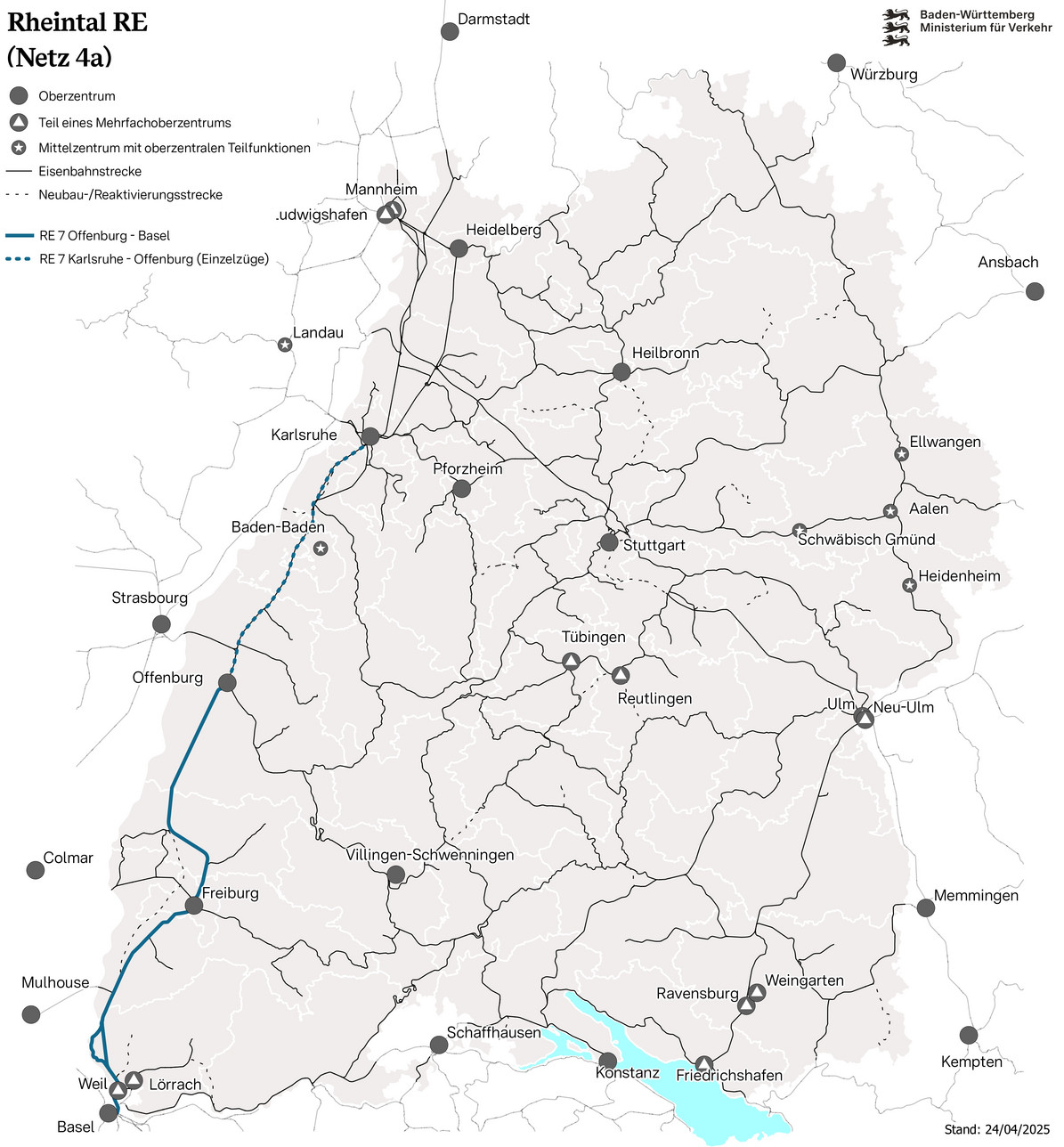 Eine Netzkarte von Netz 4a: Rheintal RE. Eingezeichnet sind die Verbindungen R7 Karlsruhe - Offenburg, sowie R7 Offenburg Basel.