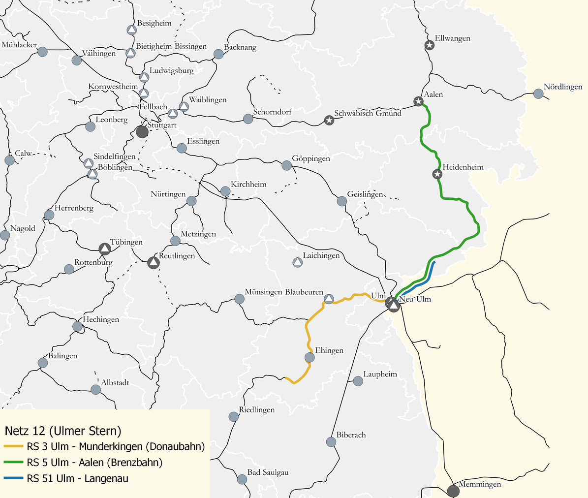 Karte des Netzes 12: Ulmer Stern. Grafisch eingezeichnet sind die Linien RS 3 Ulm – Munderkingen, RS 5 Ulm – Langenau – Aalen, RS 51 Ulm – Langenau.