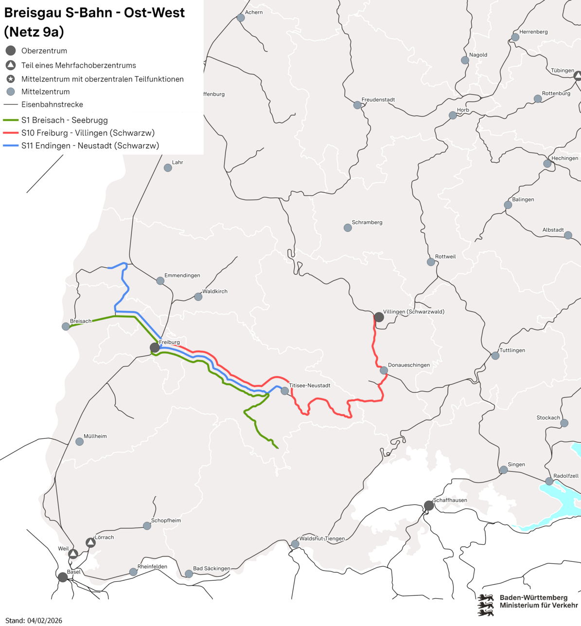 Karte des Netzes 9a Breisgau Ost-West. Eingezeichnet sind die Linien S1 Breisach - Seebrugg, S11 Endingen - Neustadt (Schwarzwald), S10 Freiburg - Villingen (Schwarzwald).