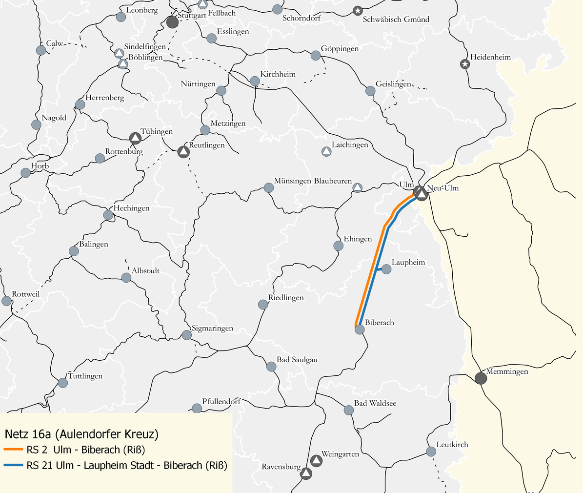 Karte des Netzes 16a: Aulendorfer Kreuz. Eingezeichnet sind die RS 2 / RS 21 Ulm – Biberach (Riß).
