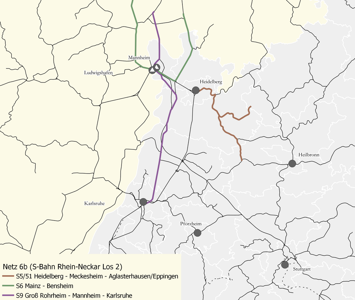 Karte des Netzes 6b: S-Bahn Rhein-Neckar Los 2. Auf der Karte sind die Verbindungen der Rhein-Neckar S-Bahn zwischen Heidelberg, Meckes-heim und Eppingen / Aglasterhausen und zwischen Karlsruhe, Mannheim und Groß-Rohrheim farblich eingezeichnet.