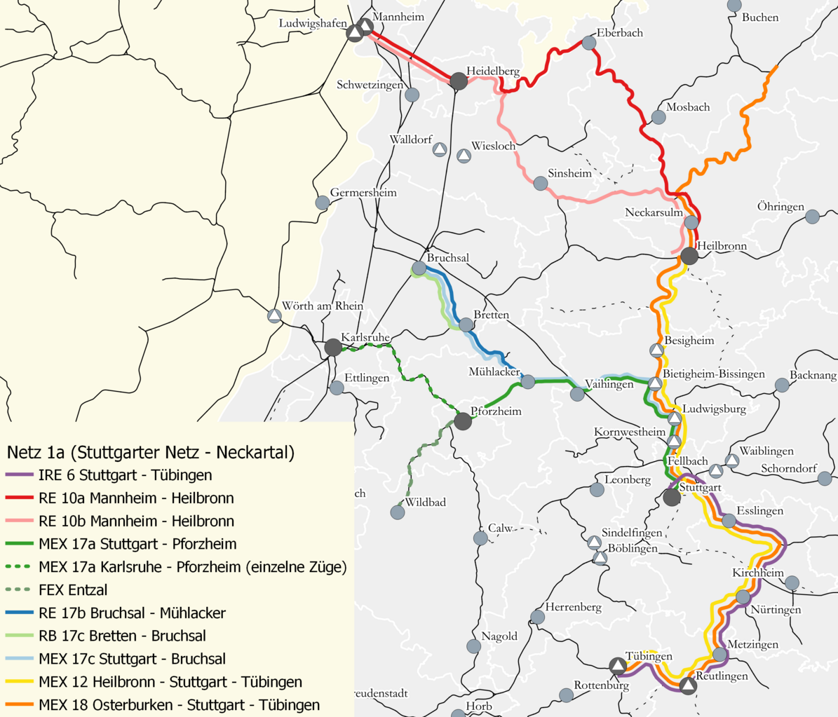 Baden-Württemberg Karte mit Bahnlinien des Stuttgart netzes Neckartal in Richtung Bruchsal, Suttgart, Tübingen, Mannheim, Heilbronn.