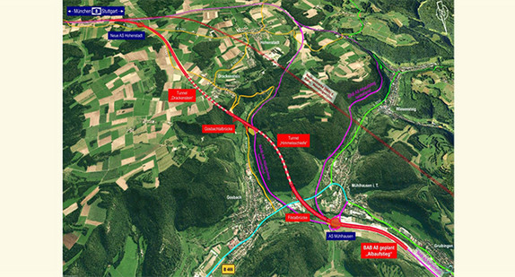 Übersicht Trassenverlauf Albaufstieg im Zuge der A 8
