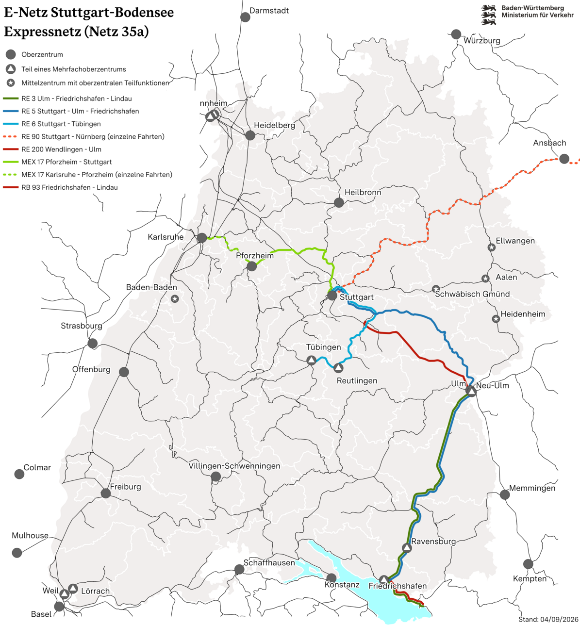 Karte von Baden-Württemberg mit mehreren Bahnlinien des Netzes 35a. Strecken führen unter anderem von Karlsruhe über Pforzheim, Stuttgart und Ulm nach Friedrichshafen. Weitere Züge fahren zwischen Pforzheim und Tübingen sowie zwischen Friedrichshafen und Lindau.