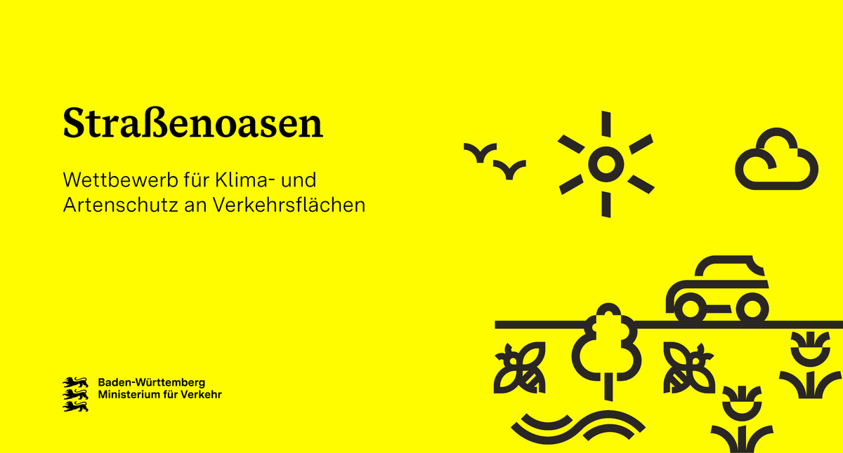 Titelbild des Wettbewerbs "Straßenoase"; Auf einem gelben Hintergrund sind mehrere abstrakte Icons zu sehen: ein Auto, eine Sonne, mehrere Blumen. Text: Straßenoasen. Wettbewerb für Klima- und Artenschutz an Verkehrsflächen.