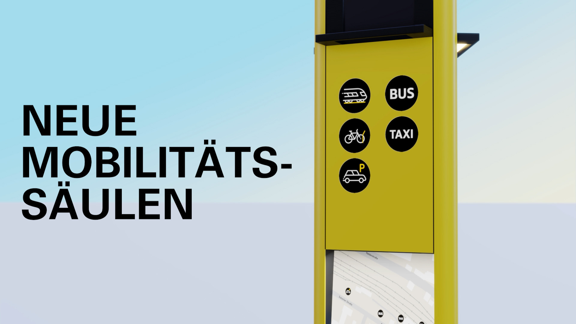 Gelbe Säule mit verschiedenen Symbolen für Rad, S-Bahn, Taxi, Bike-Sharing und Car-Sharing.