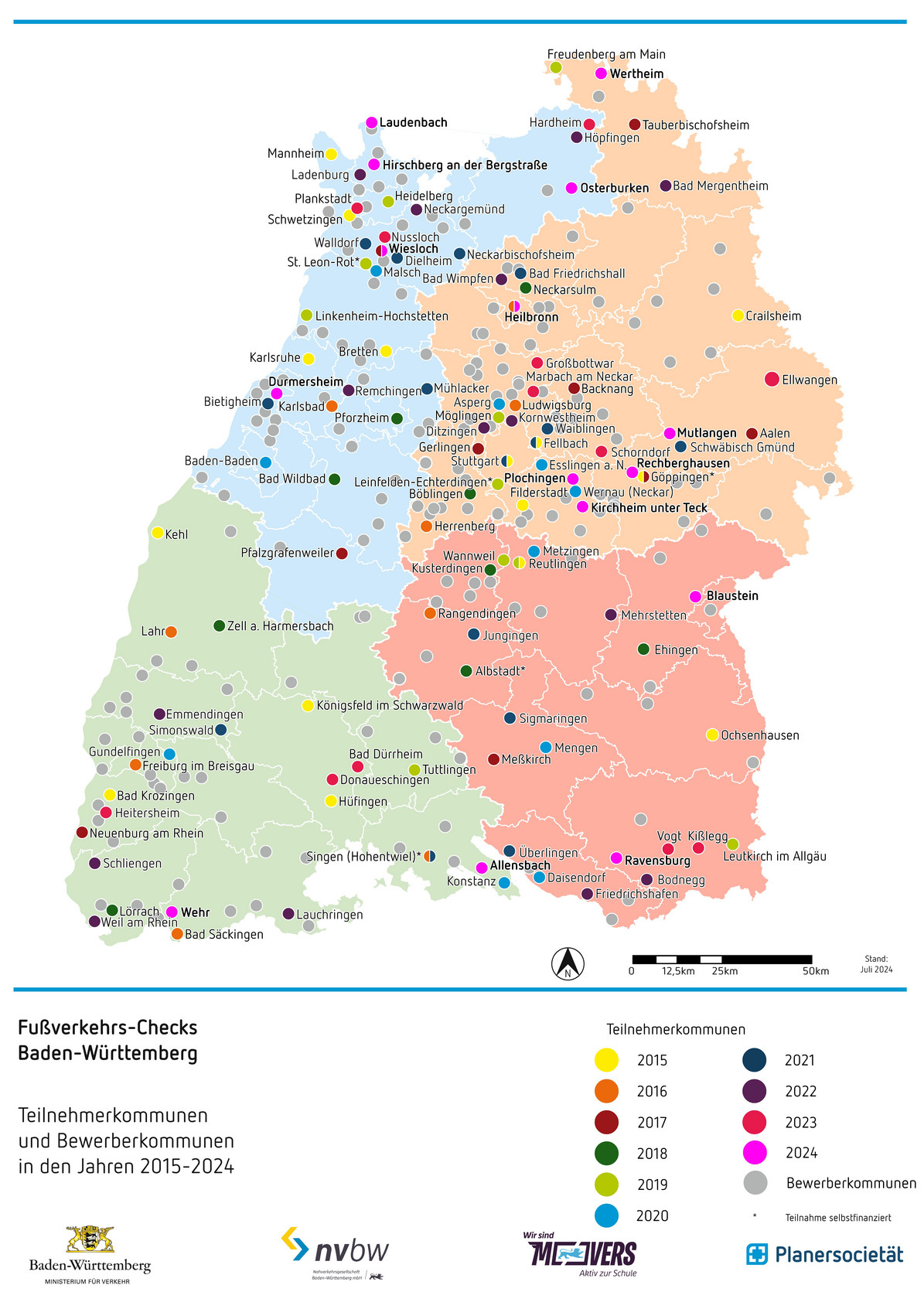 Karte mit den Teilnehmer- und Bewerberkommunen der Fußverkehrs-Checks Baden-Württemberg von 2015 bis 2023