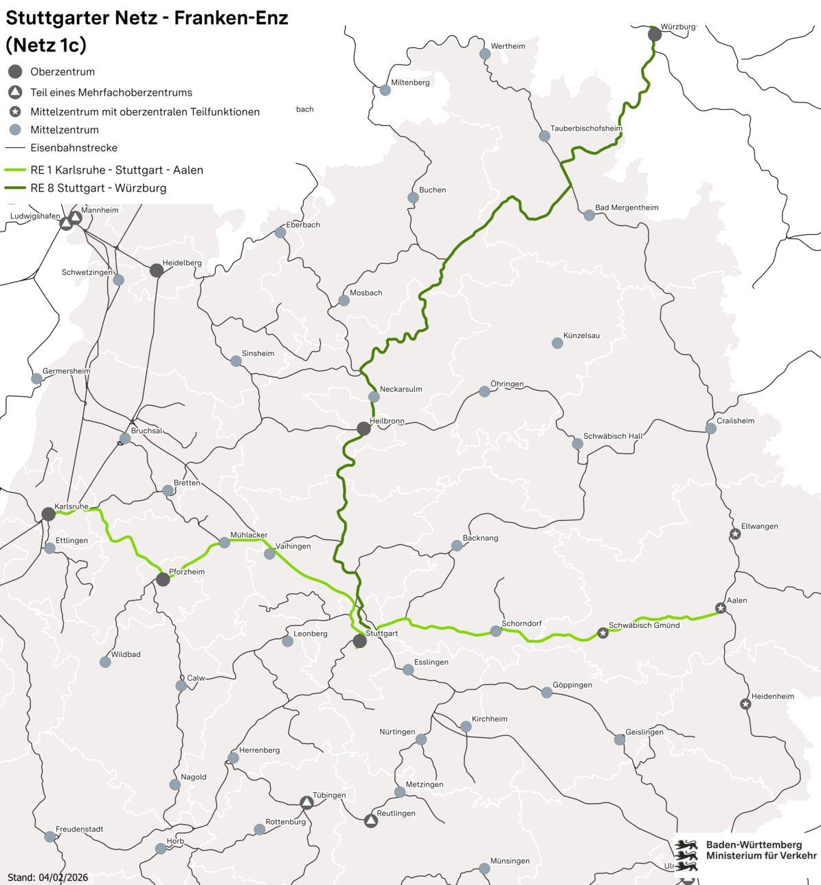 Baden-Württemberg Karte mit Bahnlinien des Stuttgarter Netzes Franken-Enz in Richtung Karlsruhe, Aalen, Würzburg und Stuttgart.
